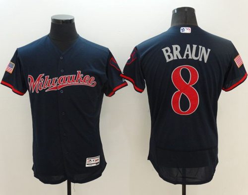 Brewers #8 Ryan Braun Navy Blue Fashion Stars & Stripes Flexbase Authentic Stitched MLB Jersey - Click Image to Close